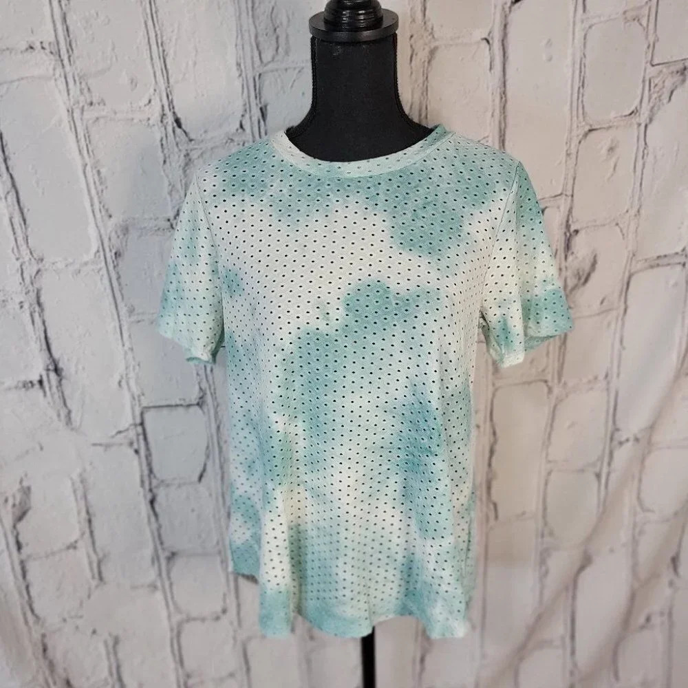 WHITE Turquoise Marble Dye Eyelet See Through Casual Short‎ Sleeve Light Top L